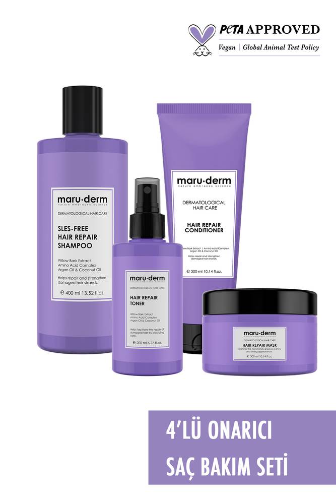 4'lü Onarıcı Saç Bakım Seti - Saç Onarıcı Şampuan, Saç Kremi, Saç Maskesi, Saç Toniği