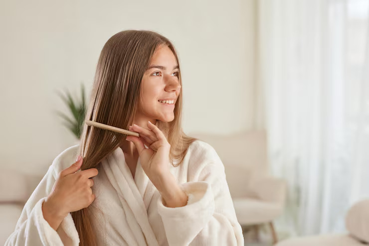 Young girl comb her hair